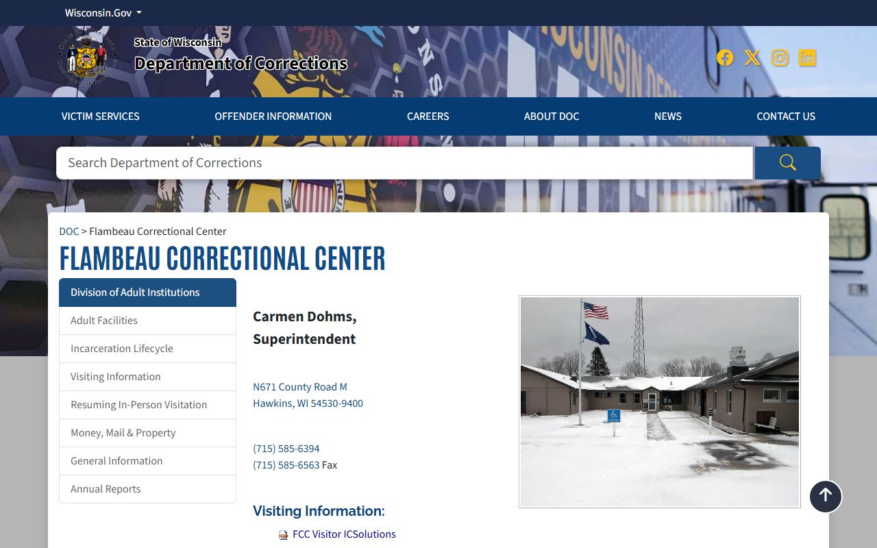 Wisconsin DOC Flambeau Correctional Center facility page