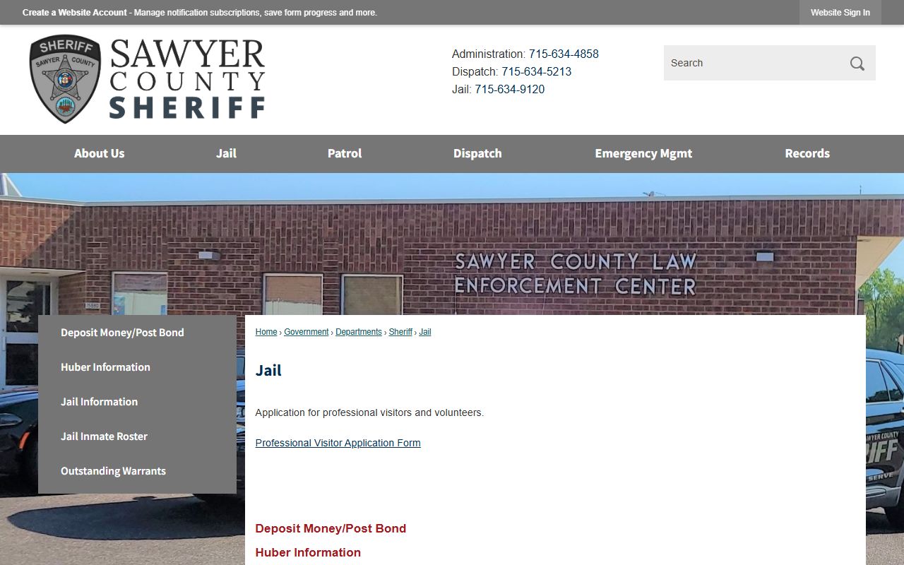 Sawyer County jail roster and inmate population links on the sheriff jail page