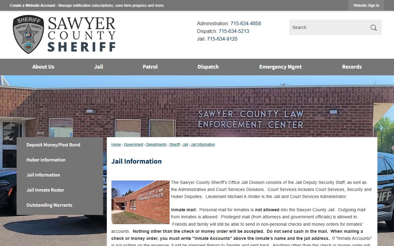 Sawyer County Jail Information page with mail and phone details