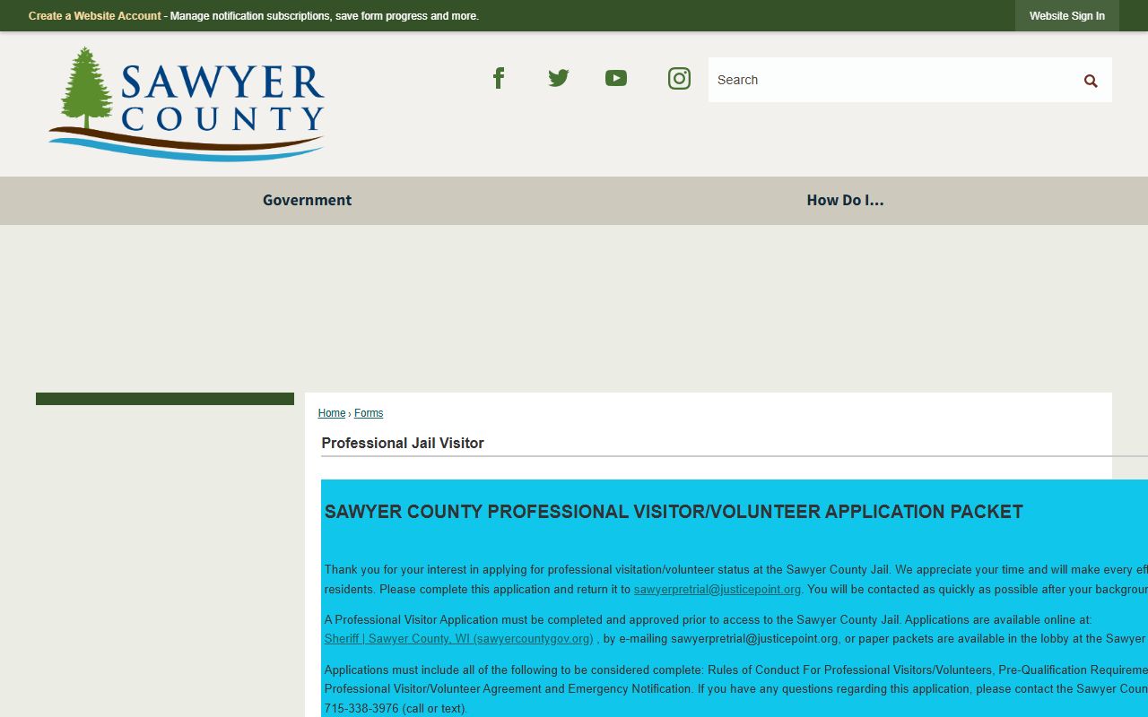 Sawyer County professional jail visitor application page