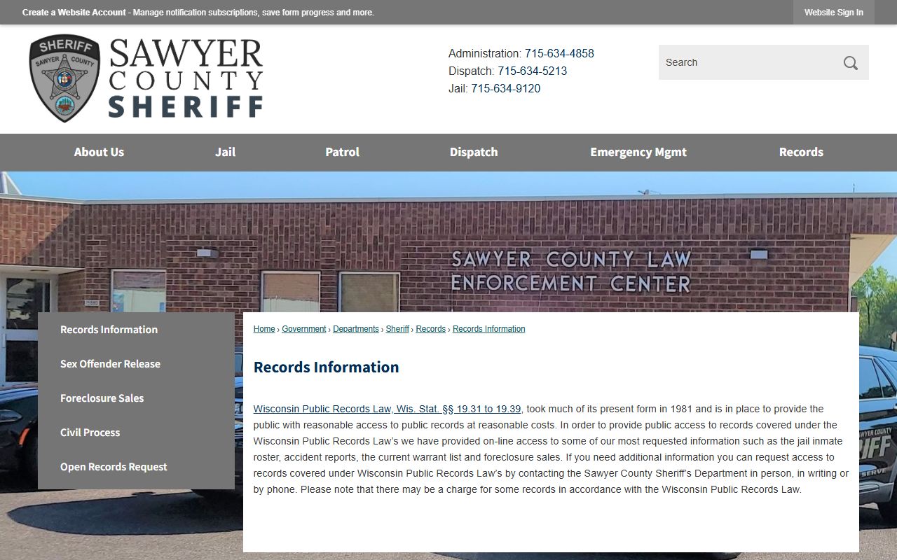 Sawyer County jail mugshots records information and booking photo request route